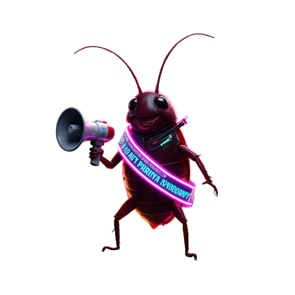 CJP cockroach mascot holding a megaphone
